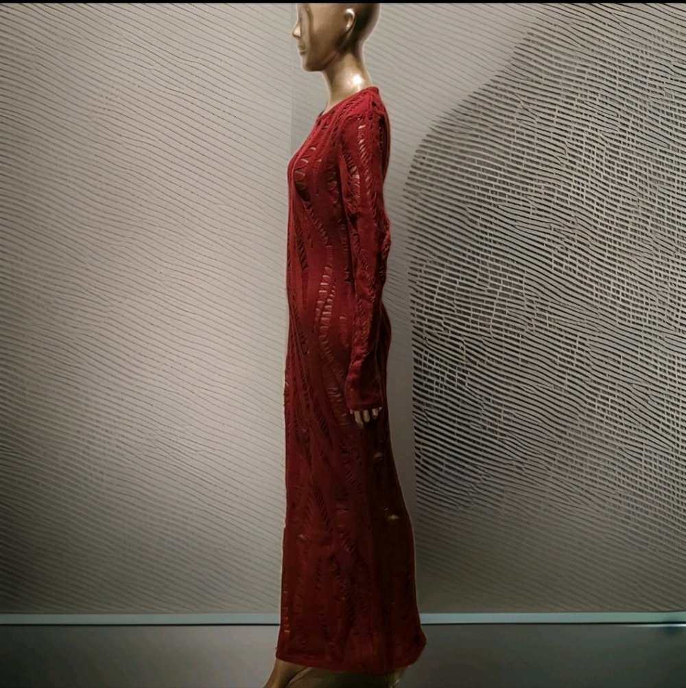 NWT Burgandy Distressed Long Sleeve Knit Maxi Sweater Dress Sz M - Picture 10 of 15